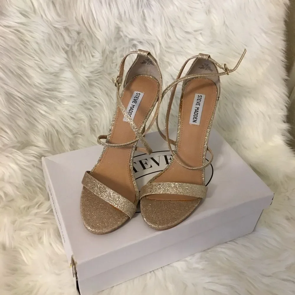 Steve Madden Women's Gold Glitter Feliz Strappy Open Toe Heeled SandalsSize 9.5M